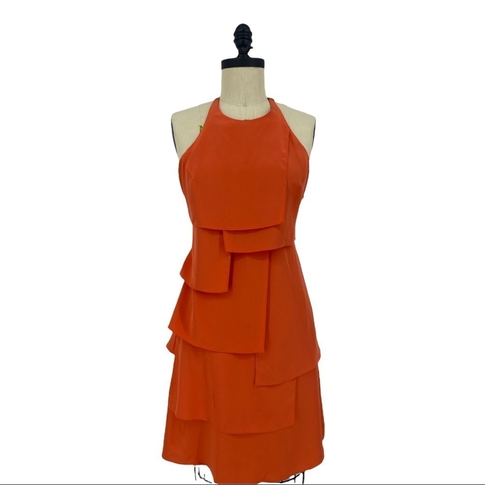 Godfrey 100% silk tiered sundress orange halter asymmetric, layered panels SZ 2